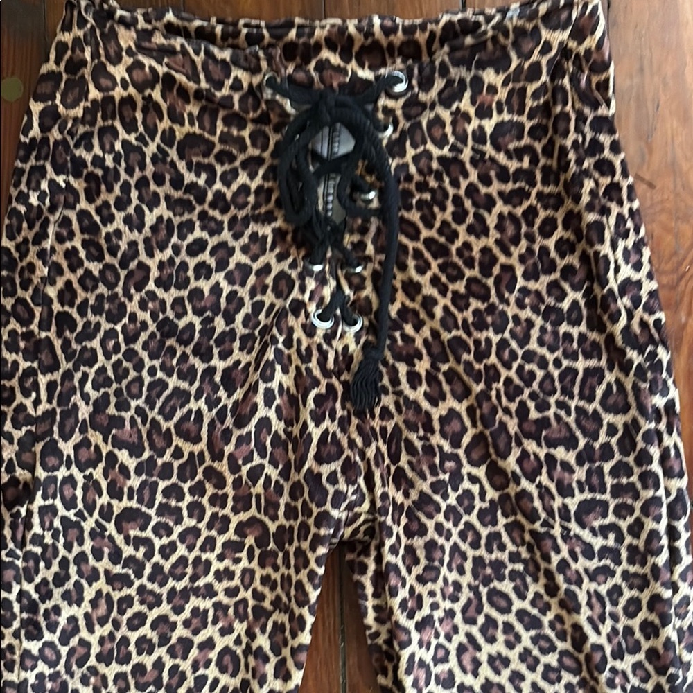 Velour Leopard Print Lace-Up Pants